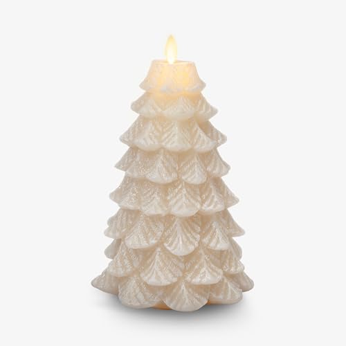 Image of Luminara Christmas Tree Flameless LED Candle, White Swan 5.35 inch x 8.5 inch, Moving Flame Battery Operated Timer, Holiday Decor, Glitter Snow Finish Safe