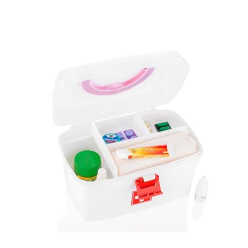 Image of Plastic Rectangular Medicine Box, Medical First Aid Multi-Purpose Utility Storage with Handle (White)