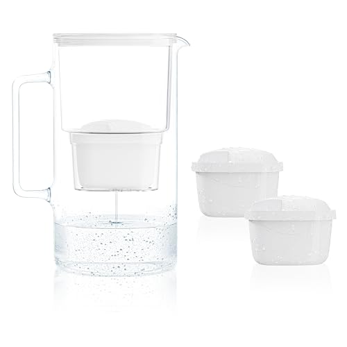 Wessper Wasserfilter Kanne Glas 3 L, Set Wasserkanne und 2 Filterkartuschen, Kompatibel mit Brita Maxtra, Wasserkaraffe für Trinkwasser mit Ersatz Filter - Weiß