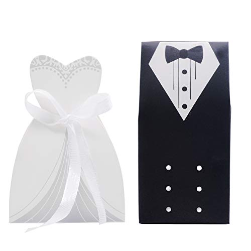 Wthree 100pcs Dress & Tuxedo Bride and Wholesale Candy Favor Box, Party Wedding Favor Creative Dress Candy Chocolate Gift Box Bonbons for Gift Package Wedding Party Birthday Bridal Shower Decoration