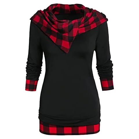 Long Sleeve T Shirt for Women Uk Casual Loose Hooded Pullover Tops Fashion Elegant Check Patchwork Hoodie Autumn Winter Sweatshirts Tops Plus Size Uk Black Cover