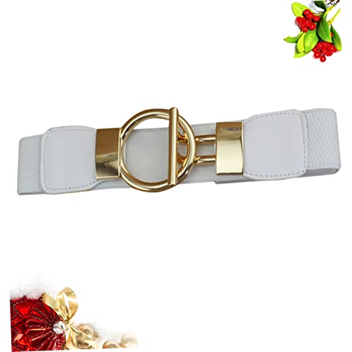 FRCOLOR 1Pc Women Wide Elastic Waist Cinch Belt Stylish PU Girdle with Golden Round Buckle for Fashionable Outfits White Accessory for Dresses Jeans and Trousers4