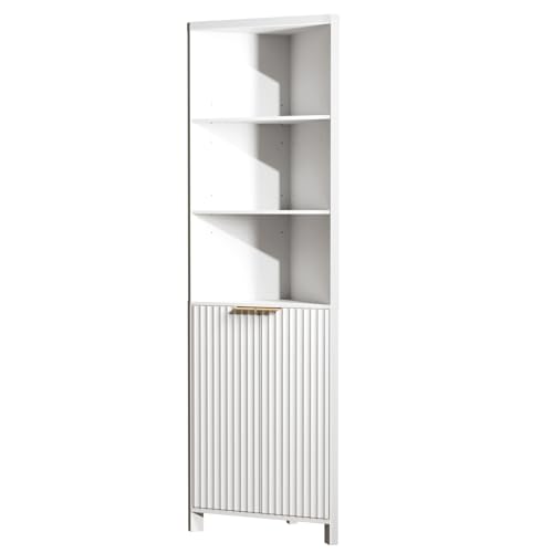 Bonnlo Tall Bathroom Cabinet Grille Corner Bathroom Cupboard 2 Doors 5 Tier Slim Storage Unit White Freestanding Bathroom Organizer Wooden Corner Shelf Unit for Small Spaces 55.5×30.5×173cm