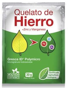 Quelato de ferro com zinco e magnésio - Seipasa. Microgranulado solúvel. Adequado na agricultura ecológica. Evita e corrige o amarelecimento das folhas. 30G