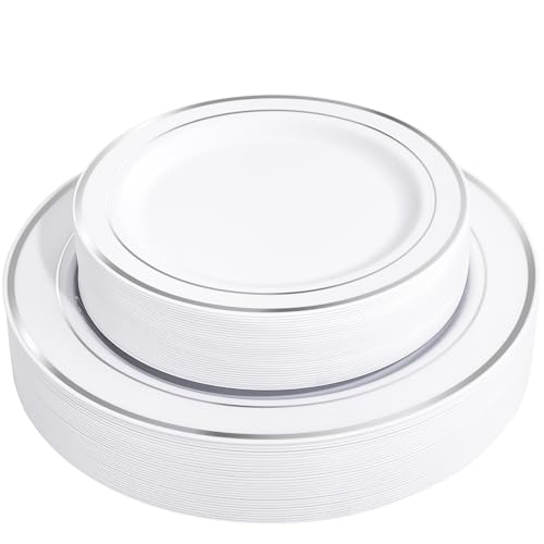 FLOWERCAT 60PCS Silver Plastic Plates - Heavy Duty White and Silver Plastic Plates Disposable - Include 30PCS 10.25inch Dinner Plates and 30PCS 7.5inch Dessert Plates for Wedding&New Year&Christmas
