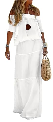 loveimgs Women's Summer Off Shoulder Ruffle Cotton Dress Short Sleeve Mid Rise Beach Boho Long Maxi Dress