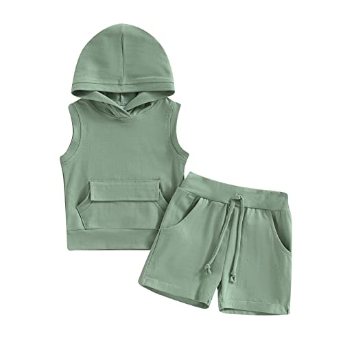 Ynibbim 2pcs Toddler Boy Summer Clothes Infant Baby Casual Hooded Sleeveless Vest Tops Drawstring Shorts Outfits (A - Solid Green, 2-3T)