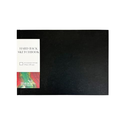 BLUE ACORN - A4 Landscape Hardback Sketchbook - 64 Sheets 150gsm Multipurpose Cartridge Paper - Black Cover with Page Marker - Ideal for Light Washes of Paint, Pencils & Sketching