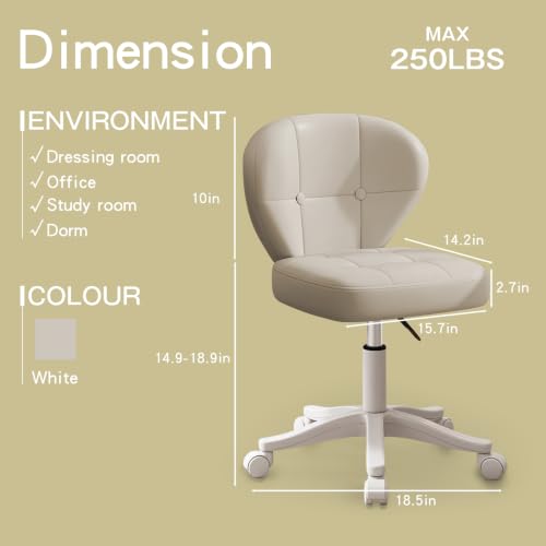 Image of Small Office Chair with Lumbar Support, PU Leather Armless Swivel Desk Chair Adjustable Height, Compact Rolling Chair for Home Office, Bedroom, Study (White Set of 2)