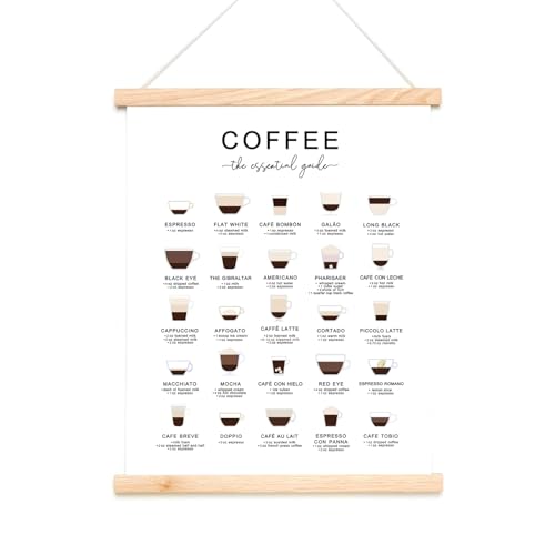 ZEARPT Coffee Guide Poster with Wooden Hanging Frame, Coffee Chart Wall Art for Kitchen Coffee Bar Decor, 12x16 Canvas Print Espresso Drink Guide Sign for Cafe Home Office Wall Decor