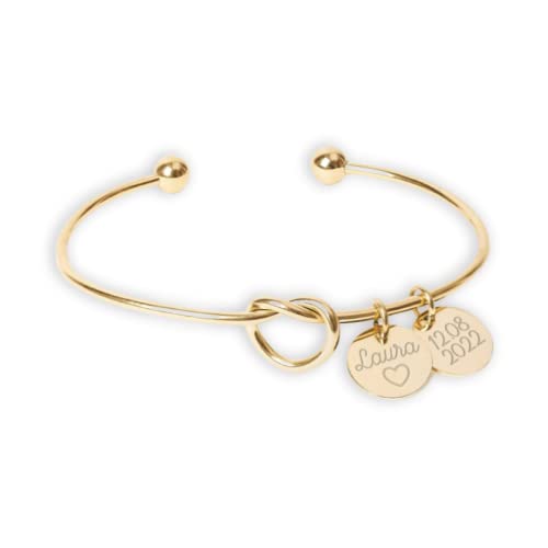 Bracelet jonc noeud médaillon personnalisé-gravure motif lettre image au choix -or ou argent acier inoxydable - 1 à 5 médailles-réglable-médaille gravé...