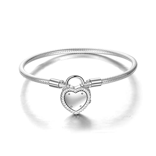 Snake Bracelet for Charms 925 Sterling Silver Jewelry Lock of Love Heart Charms Bracelet Fit Any Charm Gift for Women