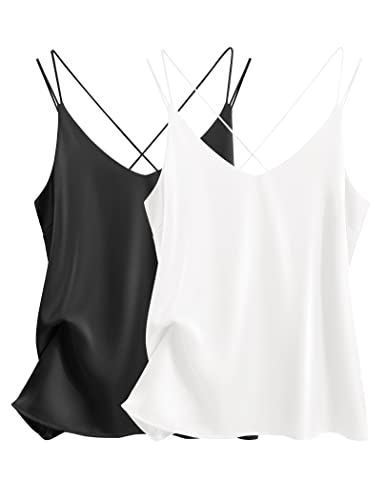 Image of Ekouaer Womens 2-Pack Silk Satin Camisole Tank Top V Neck Sexy Cross Back Spaghetti Strap Cami Sleeveless Lounge Tops S-XXL