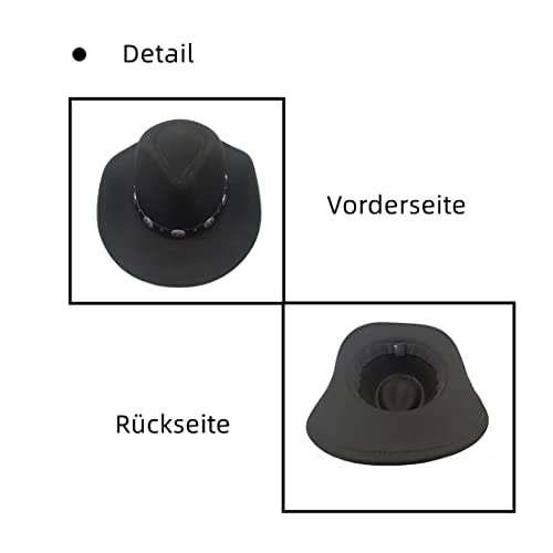 Cowboyhut Damen Herren Westernhut Schwarz Fedora Hut Breiter Krempe mit Lederband