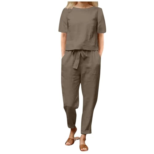2 Piece Outfits for Women Summer Short Sleeve Round Neck Casual Shirts and Wide Leg Linen Pants with Pockets Sets B-Khaki
