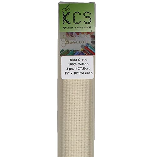 Image of KCS 3 pc of 15 inch x 18 inch Counted Cross Stitch Cotton Aida Cloth Needlework Rolled Fabric Box,14CT,Ecru