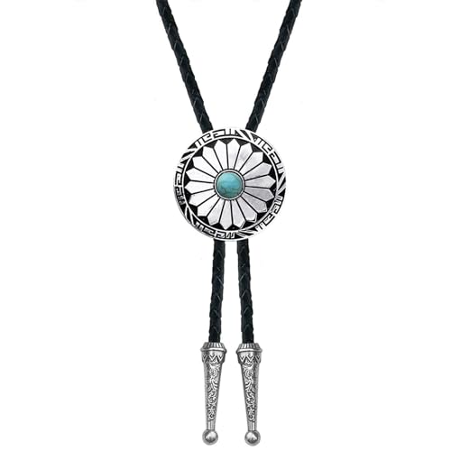Image of Turquoise Bolo Tie for Men, Leather Braided Necktie Western Cowboy Bola Tie Costume Accessories for Men Women