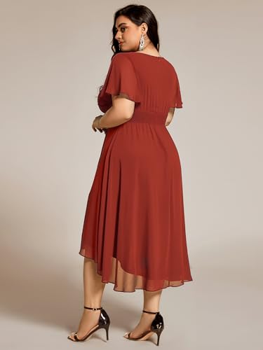 Image of Ever-Pretty Women's Plus Size Formal Wedding Guest Dresses for Curvy Women A Line Chiffon Midi High Low Cocktail Dress