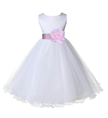 Wedding Pageant White Flower Girl Rattail Edge Tulle Dress