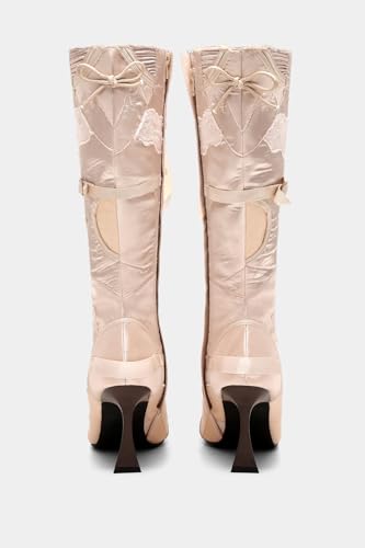Women's Bow Ballet Boots Satin Pointed Toe Stiletto High Heels Lace-Up Buckle Knee High Boots With Side Zipper Elegant Dress Long Booties For Party Wedding Birthday Prom4