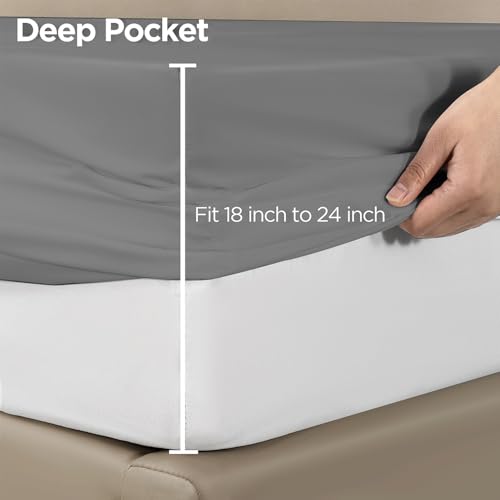Image of Dark Grey Fitted Sheet,Twin Size Fitted Sheet with Deep Pocket 18 inch,Ultra Soft & Breathable FittedSheet Easily Fits 18 inch to 24 inch Mattress