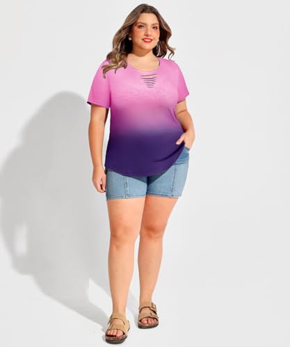 Image of CARCOS Plus Size Tops for Women Short Sleeve Shirts Basic Tee Solid Color Blouse V Neck Tunic Loose Fit Tshirts Summer XL-5XL