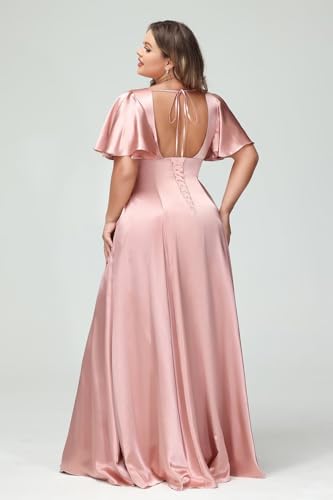 Noras dress Women's V Neck Bridesmaid Dresses with Slit Ruffle Sleeves Satin Plus Size 2025 Formal Dress NO0912