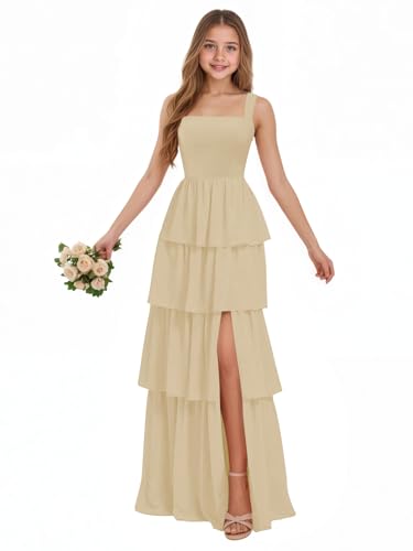 Chiffon Junior Bridesmaid Dresses for Teen Girls Tiered Pleated Flower Girl Dress with Slit Wedding Guest Gowns