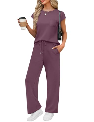 Image of WIHOLL 2 Piece Sets for Women Casual Summer Travel Vacation Outfits Cap Sleeve Lounge Set