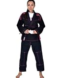 Kimono Jiu Jitsu Feminino Preto Costura Rosa Pink F3 - Até 1,80m e 80kg