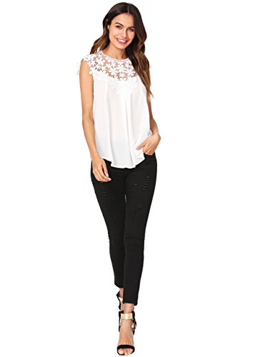 Floerns Women's Lace Neckline Sleeveless Chiffon Blouse Top White M #TOP3