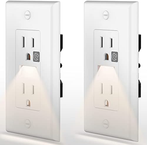 SOZULAMP LED Night Light Outlet-Easy to Install,Nightlight Electrical Outlets,Standard Duplex Decorative Receptacle,15A 125V,2 Pole 3 Wire,Self Grounding,Outlet Covers Included (Glossy White,2 Pack)