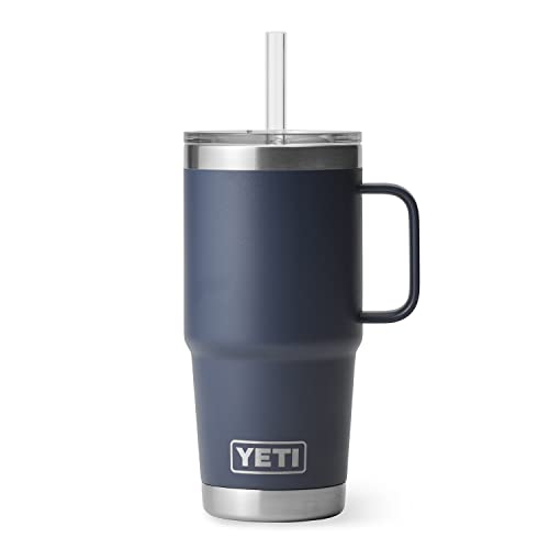 Image of YETI Rambler 25 oz Tumbler with Handle and Straw Lid, Travel Mug Water Tumbler, Vacuum Insulated Cup with Handle, Stainless Steel, Navy