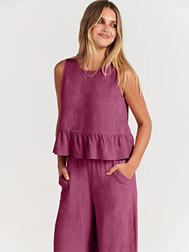 Image of ANRABESS Women's Summer 2 Piece Outfits Sleeveless Tank Crop Button Back Top Cropped Wide Leg Pants Set Pockets, Fuchsia, Small