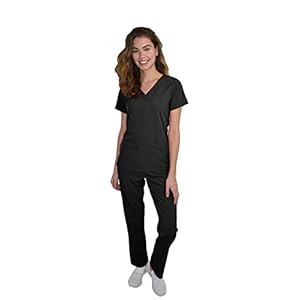 Green Town Scrubs for Women Scrub Set – V-Neck Top and Straight Leg Pant, 5 Pockets, Easy Care-Black-Medium