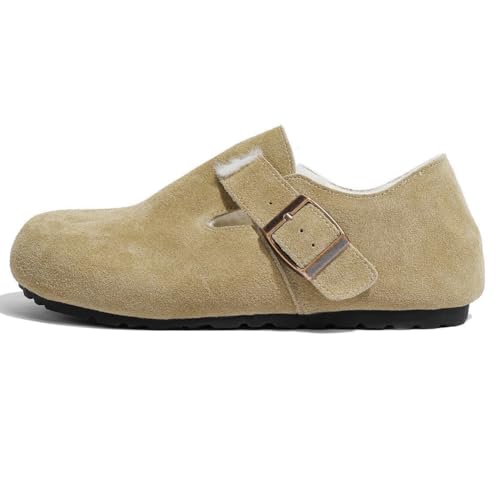 Sabots en suède fourrés pour femme avec semelle liège de couleur kaki