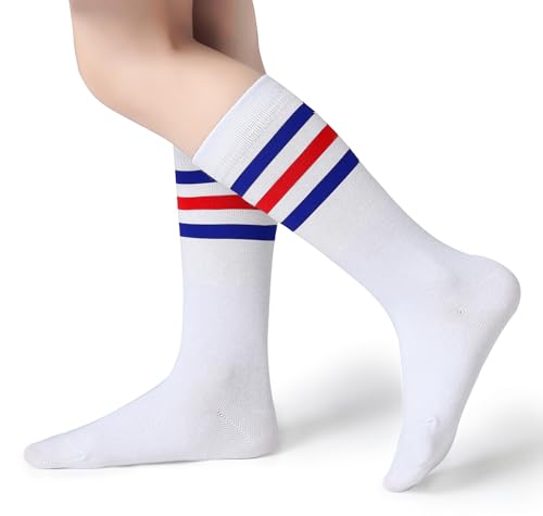 Pareberry Boys Girls Over the Calf Striped Tube Socks Cotton Soft Retro Athletics Socks for Kids Age 4-9