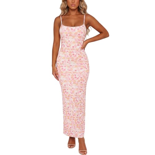 Image of Womens Summer Casual Floral Dresses Spaghetti Strap Bodycon Maxi Beach Dress Elegant Evening Party Long Dresses