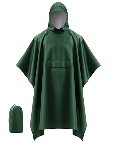 Coutyuyi Poncho impermeable para adultos, unisex, con capucha, reutilizable, con bolsillo, ligero, duradero, con ala, para senderismo, camping, al aire libre, Ejercito Verde, L