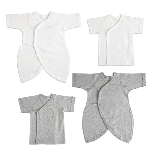 [アンジュスマイル] 新生児 50-60 ベビー肌着 4枚セット （短肌着 ２枚・コンビ肌着 ２枚） 綿100% やわらかガーゼ やさしい着心地 出産準備・退院着に！ 綿100% ガーゼ素材 出産祝い プレゼント ギフト ちゃいなび (無地 ホワイト＆グレー)