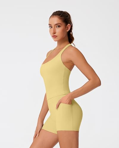 RXRXCOCO Racerback Workout Sets for Women 2 Piece Padded Scoop Neck Tank Tops Hidden Scrunch Booty Shorts Yoga Set with Pockets Yellow Large — view 3