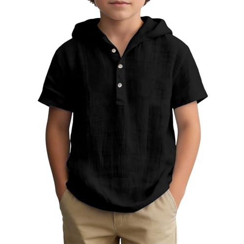 Generisch Camisa de lino de manga corta con capucha para niños, camisa informal y transpirable de verano para niños, Negro , 11-12 años