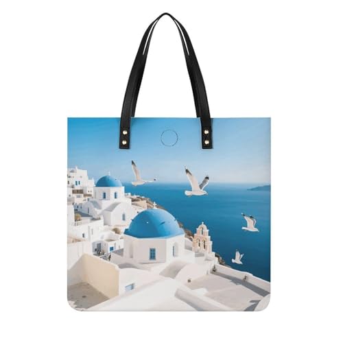 Sac fourre-tout en cuir Santorini grand cabas femme motif île grecque