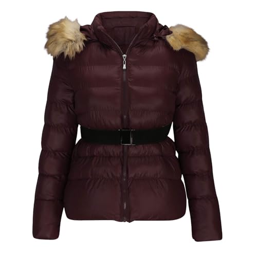 Image of Womens Winter Coats Warm Puffer Jackets Zipper Short Quilted Jackets Ladies Parkas Jacket Slim Fit Down Padded Coat with Mid Belt Faux Fur Trim Overcoat Thickened Windproof Outerwear with Fur Hood