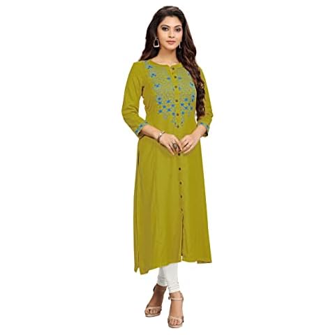 TRENDMALLS Women's Cotton Flex Straight Kurti (UKE.R02-Mehndi-S) Green Cover