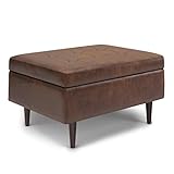 SIMPLIHOME Shay 34 Inch Wide Mid Century Modern Square Storage Ottoman in Distressed Chestnut Brown Vegan Faux Leather, For the Living Room, Entryway and Family Room