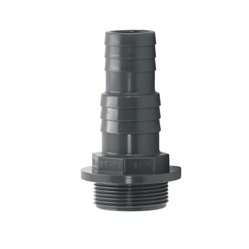 HAF® Boquilla de manguera de presión de PVC con boquilla de manguera de 32/38 mm x rosca exterior de 1 1/2 pulgadas. Boquilla de manguera de PVC gris. Adecuado para tuberías de piscina y mucho