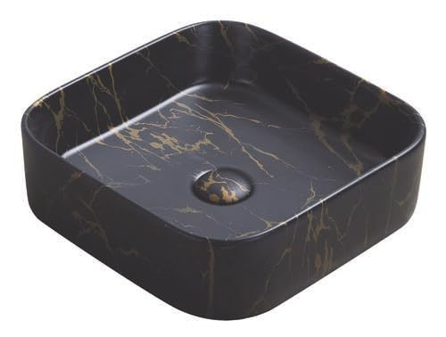 ONDÉE - Vasque De Salle De Bain Carrée - Céramique Marbre Noir - Sans Trou Robinetterie Ni Trop-Plein - 37 x 37 x 11 cm - Pour Aménagement Salle De Bain...