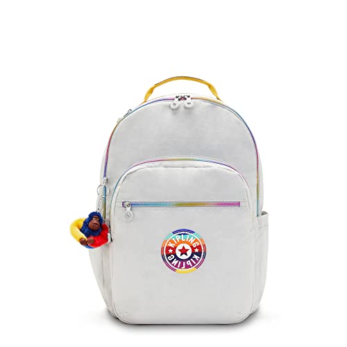 Kipling Mochila para laptop Seoul grande estampada de 15 polegadas, Verdadeiramente cinza arco-íris, 12.75' L x 17.25' H x 9' D, Personalizada