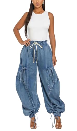 Women's Baggy Cargo Jeans Drawstring High Waist Loose Harem Wide Leg Denim Pants Joggers Sweatpants with Pockets3